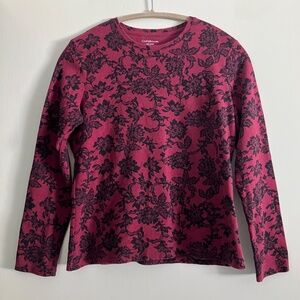 Croft & Barrow Long Sleeve Burgundy Red and Black Floral Top size S 100% cotton